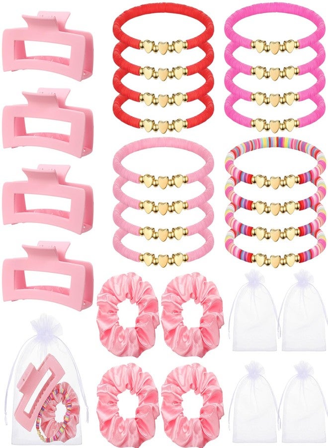 Maysing 28 Pcs Galentines Party Favors Pink Hair Claw Clips Satin Scrunchies Heart Beaded Bracelet Organza Bag Party Favors Bulk for Women Valentines Birthday Bridesmaid Proposal Return Gifts - Image 1