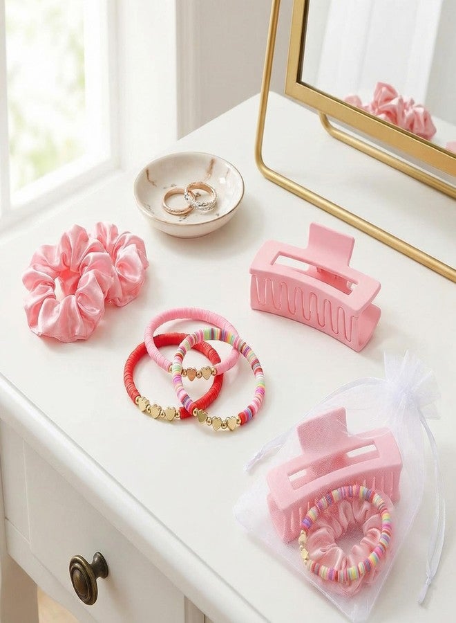Maysing 28 Pcs Galentines Party Favors Pink Hair Claw Clips Satin Scrunchies Heart Beaded Bracelet Organza Bag Party Favors Bulk for Women Valentines Birthday Bridesmaid Proposal Return Gifts - Image 4