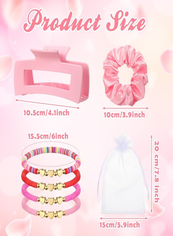 Maysing 28 Pcs Galentines Party Favors Pink Hair Claw Clips Satin Scrunchies Heart Beaded Bracelet Organza Bag Party Favors Bulk for Women Valentines Birthday Bridesmaid Proposal Return Gifts - Image 2
