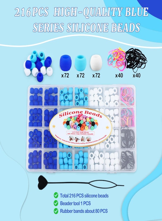 AD Beads 216PCS 6x9mm Soft Pony Silicone Beads for Hair, Blue Series with 80 Elastic Bands, Tool and Storage Box Kit for Braids, Bracelet, Crafts. - Image 2