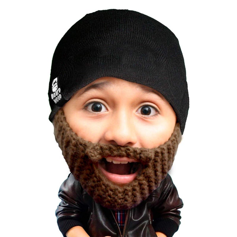 Beard Head قبعة لحية للأطفال - قبعة محبوكة ولحية مزيفة للأطفال الصغار بني - Image 1
