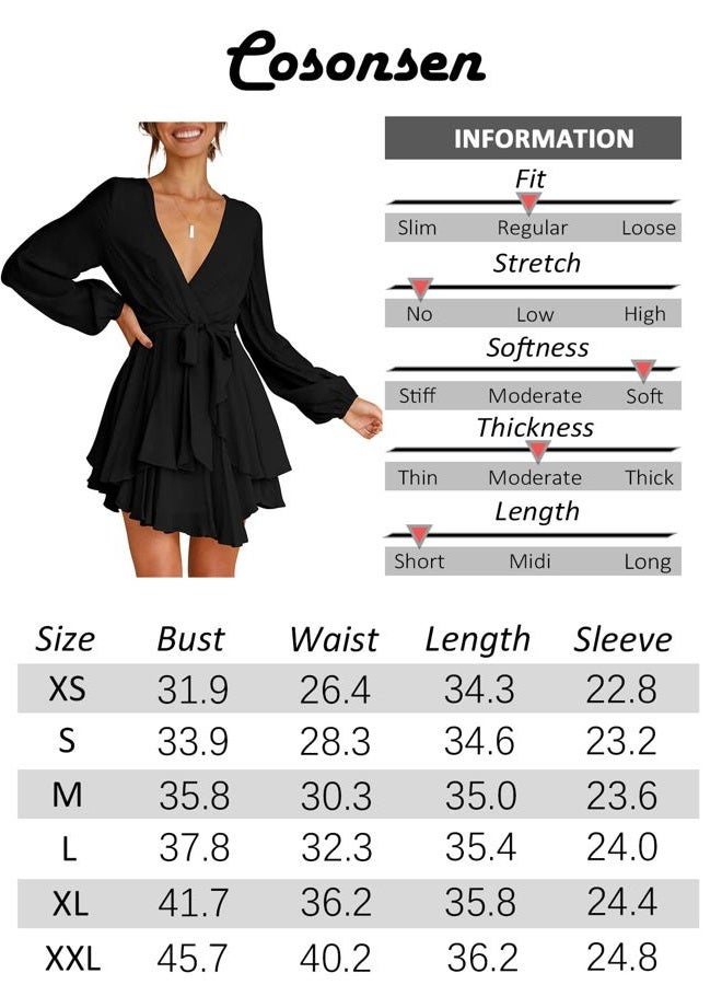 Cosonsen Womens Cute Dress Deep V-Neck Long Sleeve Tie Waist Swing Dresses Navy Blue M - Image 5