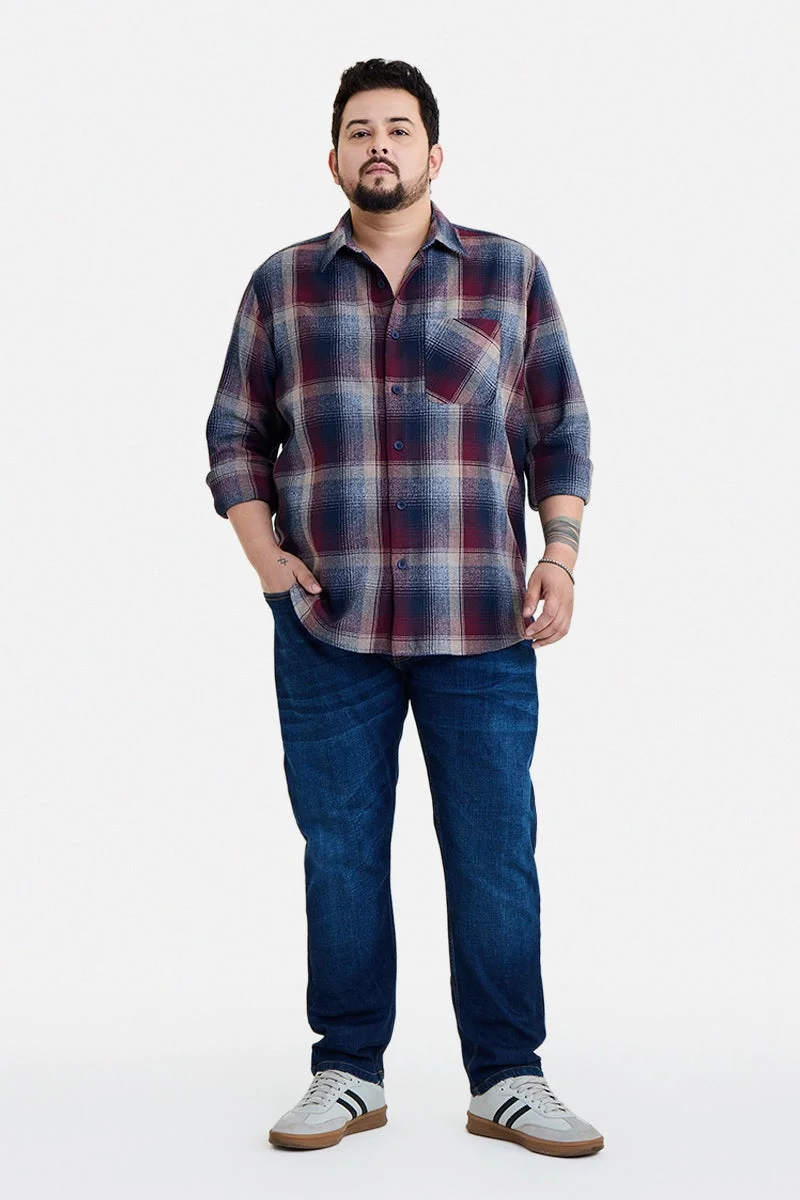 سنيتش Maroon Checkered Long Sleeve Regular Fit Plus Size Shirt