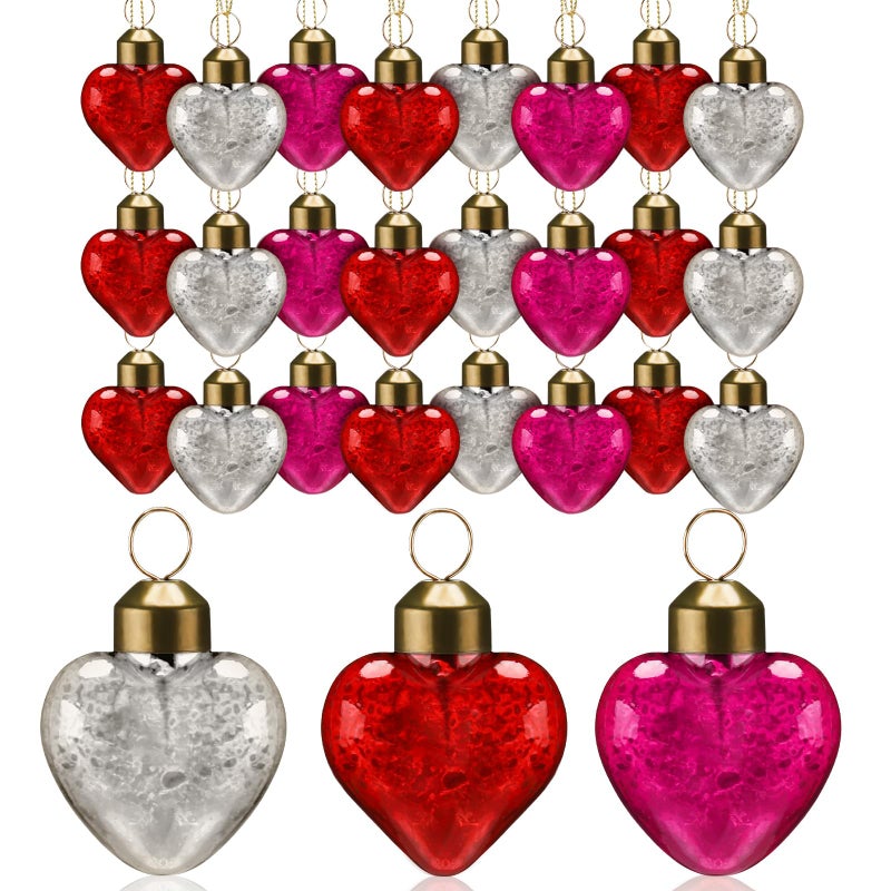 Vercraft 24 Pcs Valentines Glass Heart Ornaments 1.5 Inch Mercury Glass Heart Hanging Baubles for Valentine's Day Wedding Anniversary Party Gift Decor(Red, Pink and White) - Image 1