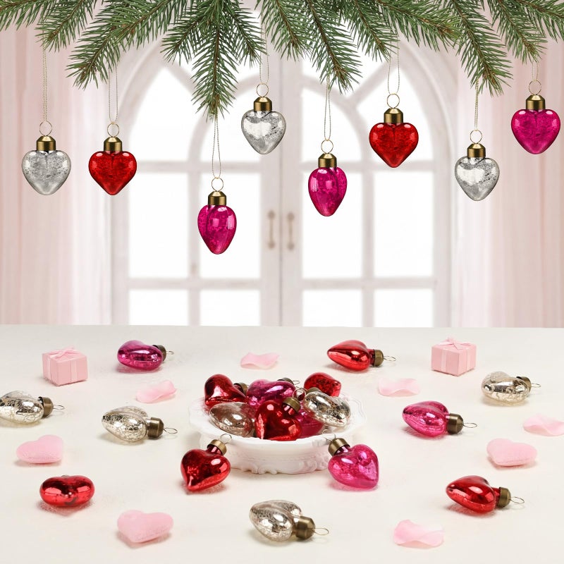 Vercraft 24 Pcs Valentines Glass Heart Ornaments 1.5 Inch Mercury Glass Heart Hanging Baubles for Valentine's Day Wedding Anniversary Party Gift Decor(Red, Pink and White) - Image 4