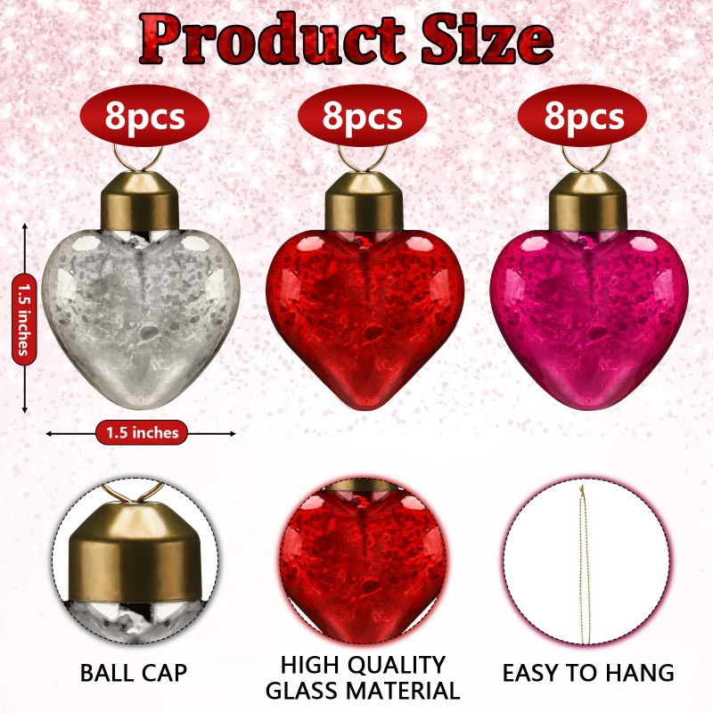 Vercraft 24 Pcs Valentines Glass Heart Ornaments 1.5 Inch Mercury Glass Heart Hanging Baubles for Valentine's Day Wedding Anniversary Party Gift Decor(Red, Pink and White) - Image 2