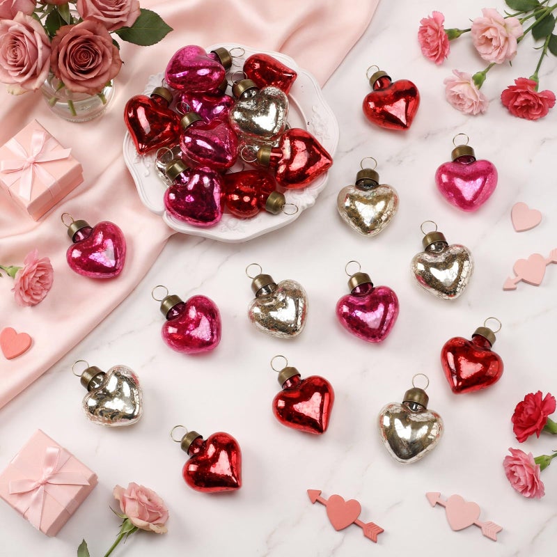 Vercraft 24 Pcs Valentines Glass Heart Ornaments 1.5 Inch Mercury Glass Heart Hanging Baubles for Valentine's Day Wedding Anniversary Party Gift Decor(Red, Pink and White) - Image 3