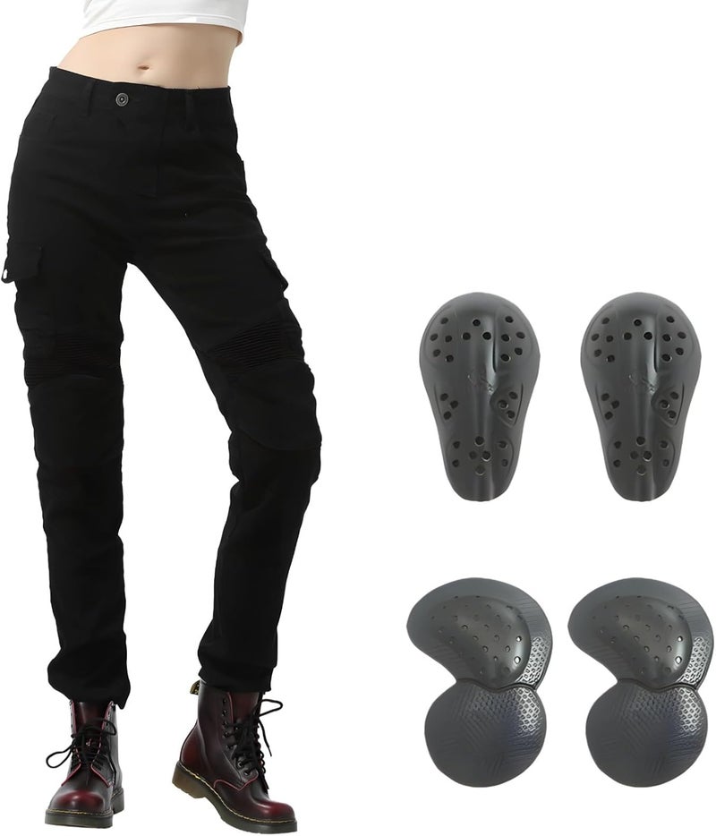 Women's Motorcycle Jeans with Protective Armored Pads, Black Riding Pants with Removable Knee and Hip Guards - Image 1