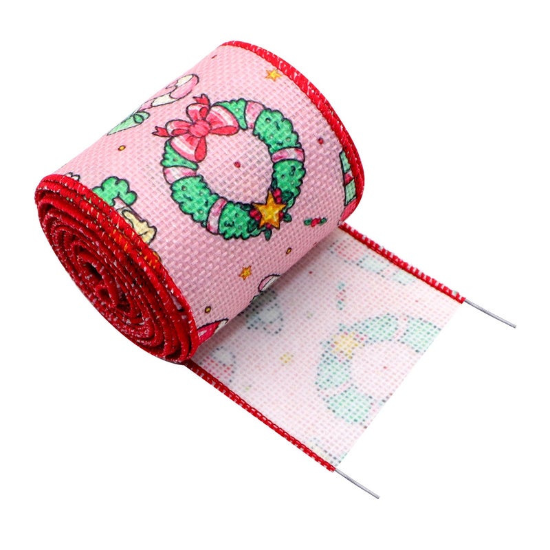 Christmas Burlap Wire Edge Ribbon with Overlock Tape - 5 Yards/Roll - Image 1