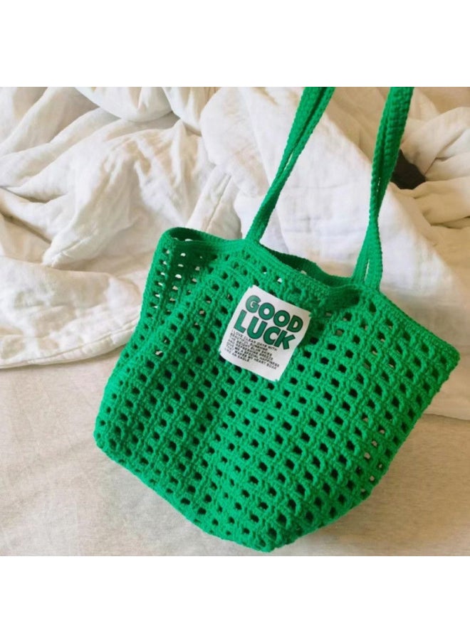 Generic - Waffled Mesh Bag Hollow Vegetable Basket Bag Haff Shoulder Bag Handmade Material-Color:Cloth Patch Waffle Mesh Bag Beige (comes With Cloth Stickers) - Image 1