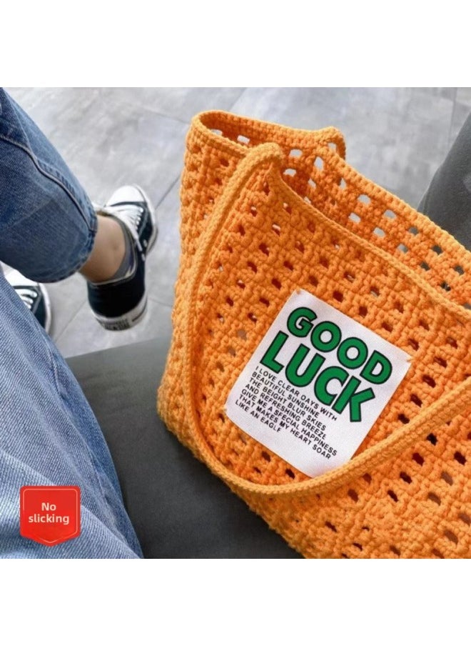 Generic - Waffled Mesh Bag Hollow Vegetable Basket Bag Haff Shoulder Bag Handmade Material-Color:Cloth Patch Waffle Mesh Bag Beige (comes With Cloth Stickers) - Image 1