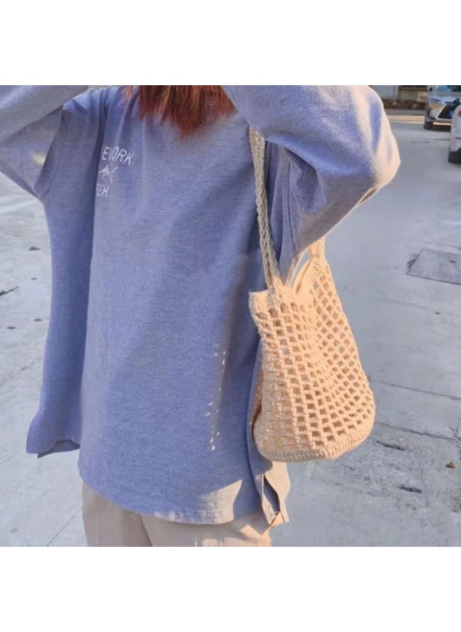 Generic - Waffled Mesh Bag Hollow Vegetable Basket Bag Haff Shoulder Bag Handmade Material-Color:Cloth Patch Waffle Mesh Bag Beige (comes With Cloth Stickers) - Image 1