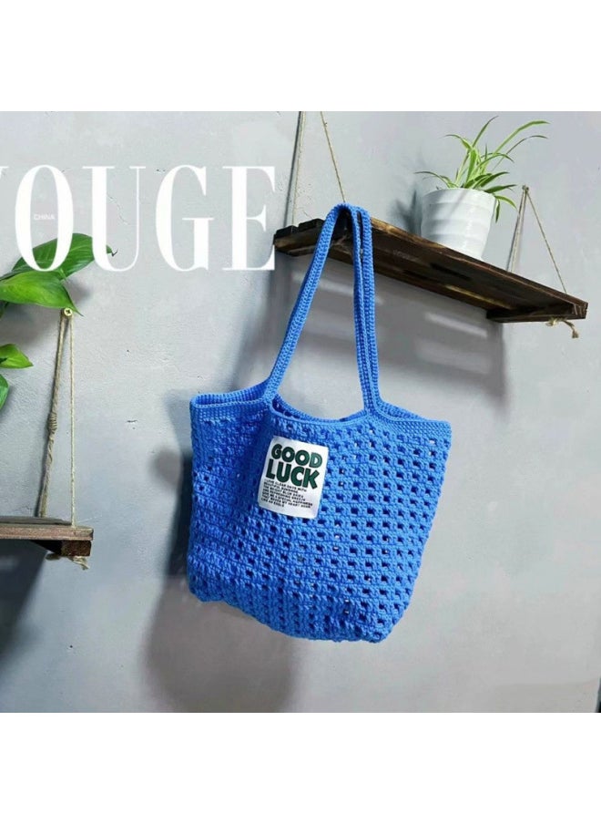 Generic - Waffled Mesh Bag Hollow Vegetable Basket Bag Haff Shoulder Bag Handmade Material-Color:Cloth Patch Waffle Mesh Bag Beige (comes With Cloth Stickers) - Image 1