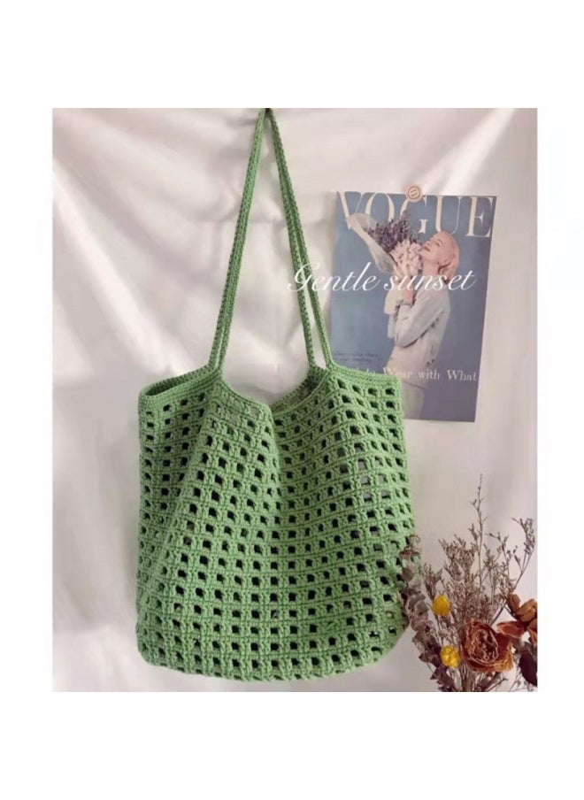 Generic - Waffled Mesh Bag Hollow Vegetable Basket Bag Haff Shoulder Bag Handmade Material-Color:Cloth Patch Waffle Mesh Bag Beige (comes With Cloth Stickers) - Image 1