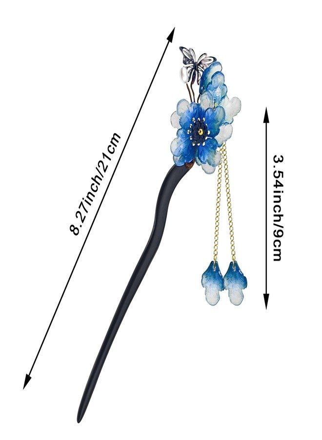 Arvintas Blue Plum Blossom Resin Hairpin with Wooden Stick Elegant Tassel Chinese Hanfu Style Hair Fork for Women Girls - Image 2