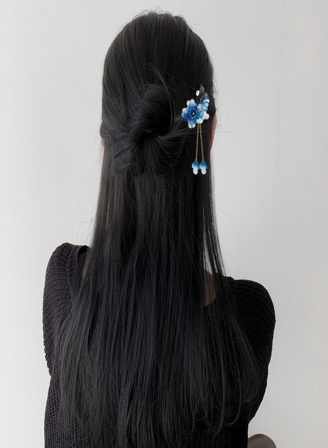 Arvintas Blue Plum Blossom Resin Hairpin with Wooden Stick Elegant Tassel Chinese Hanfu Style Hair Fork for Women Girls - Image 3