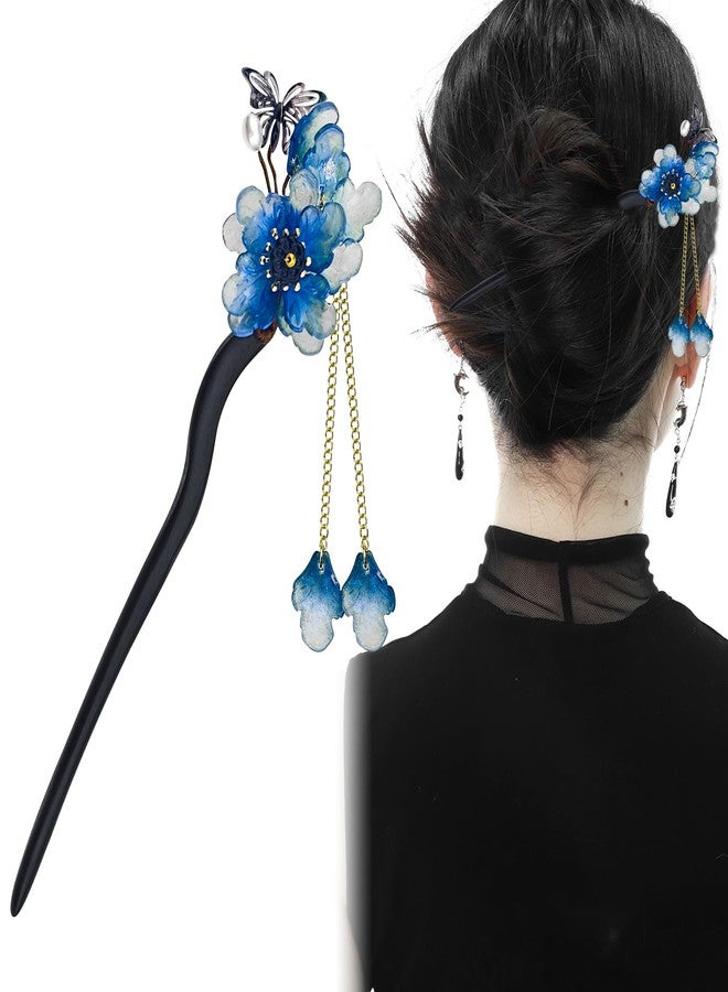 Arvintas Blue Plum Blossom Resin Hairpin with Wooden Stick Elegant Tassel Chinese Hanfu Style Hair Fork for Women Girls - Image 1