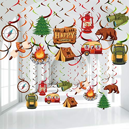 Sumind 30 Pcs Camping Party Decorations Hanging Swirl, Foil Ceiling Hanging Streams Happy Camper Themed Birthday Supplies for Adventure Bears Sign Room Wall Indoor Outdoor Decoration - Image 1