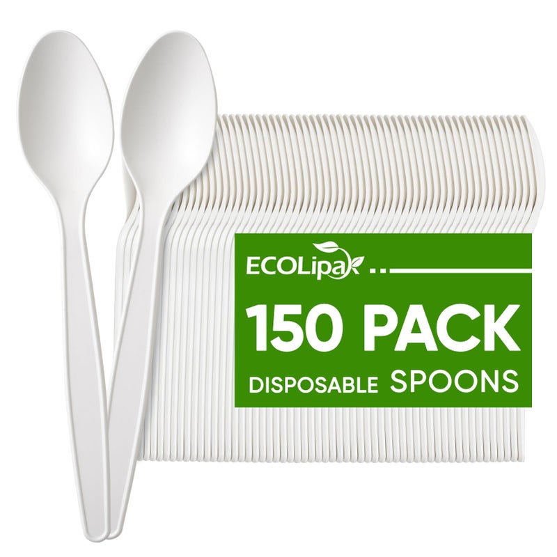 ملاعق ECOLipak 150 قطعة disposable 67 حجم كبير ملاعق بيضاء disposable قوية لا ملاعق بلاستيكية للحفلات والشواء والنزهات