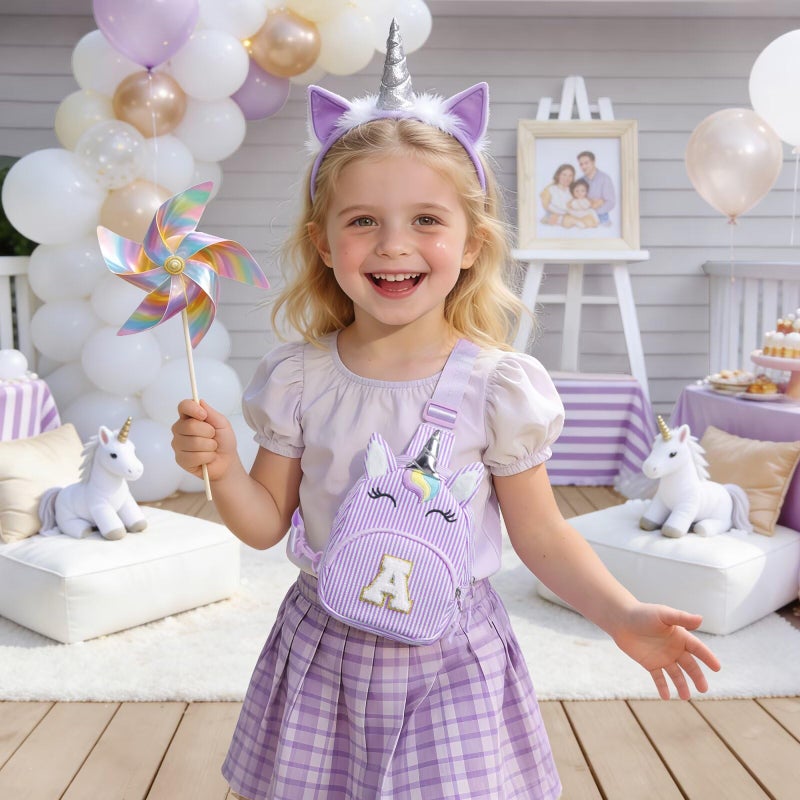 YOOLIFE Birthday Gifts for 2 3 4 5 6 7 8 Year Old Girl, Initial Fanny Pack Small Sling Bag for Little Girls Purse, Unicorn Kids Crossbody Bag, Personalized Gift for Daughter Sister, Purple (A) - Image 2