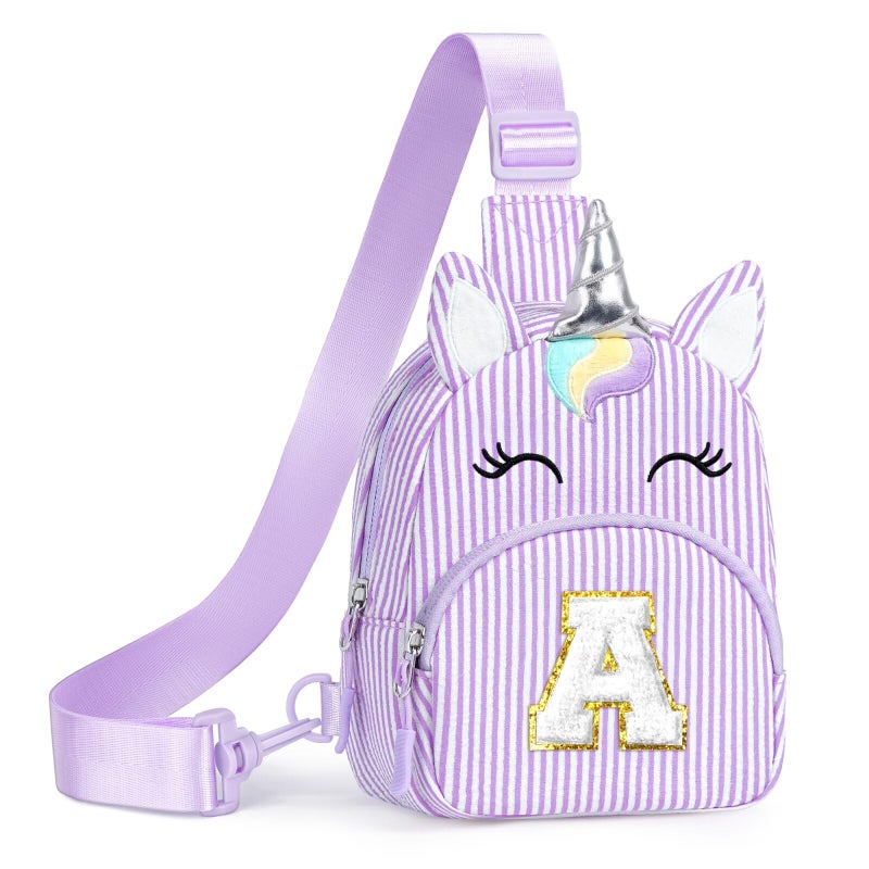 YOOLIFE Birthday Gifts for 2 3 4 5 6 7 8 Year Old Girl, Initial Fanny Pack Small Sling Bag for Little Girls Purse, Unicorn Kids Crossbody Bag, Personalized Gift for Daughter Sister, Purple (A) - Image 1