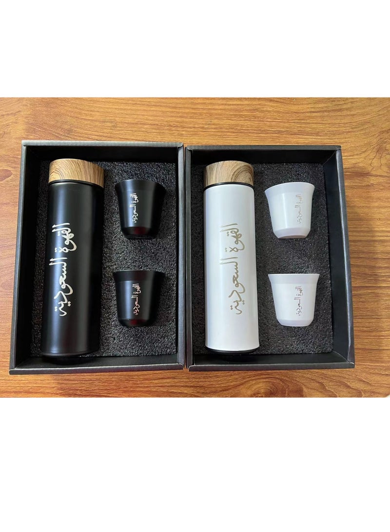 Arabic Coffee Bottle with 2 Cups Set, Coffee Travel Cup Glass Cup, Stainless Steel Vacuum Insulated Cup, 500ml Stainless Steel Thermos and 2PCS 80ml Double Layer Coffee Cups  - Image 3