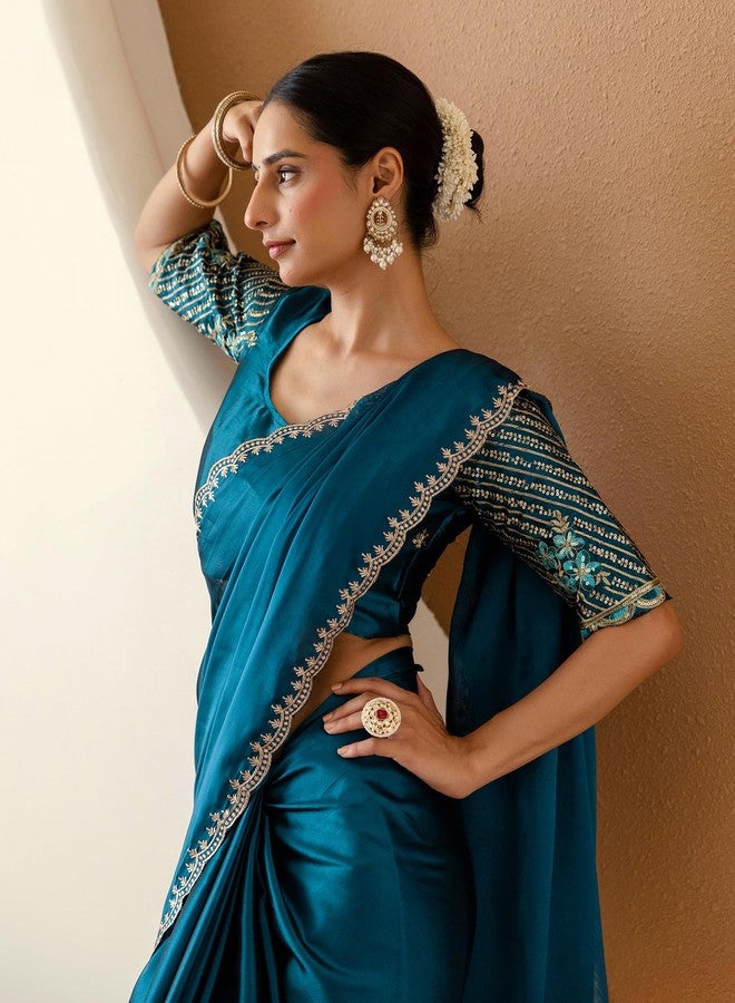 SIRIL Women's Silk Embroidery Saree with Unstitched Blouse Piece (4540S803_Rama Blue) - Image 5
