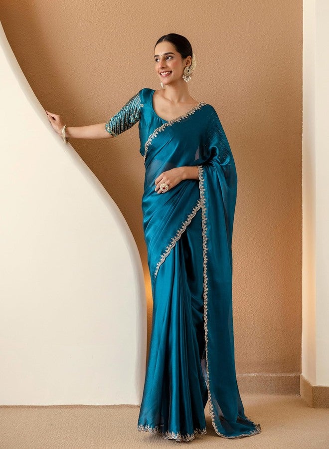 SIRIL Women's Silk Embroidery Saree with Unstitched Blouse Piece (4540S803_Rama Blue) - Image 3