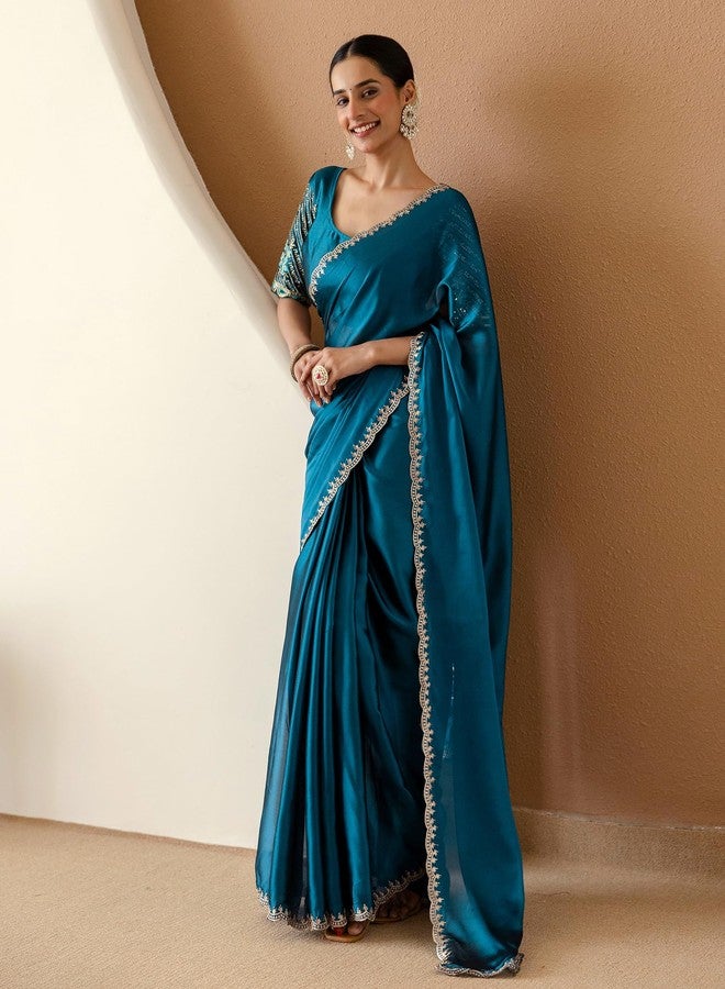 SIRIL Women's Silk Embroidery Saree with Unstitched Blouse Piece (4540S803_Rama Blue) - Image 1
