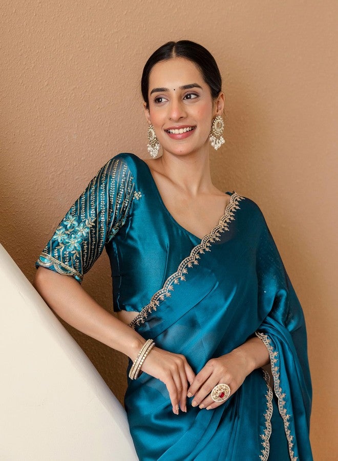 SIRIL Women's Silk Embroidery Saree with Unstitched Blouse Piece (4540S803_Rama Blue) - Image 4