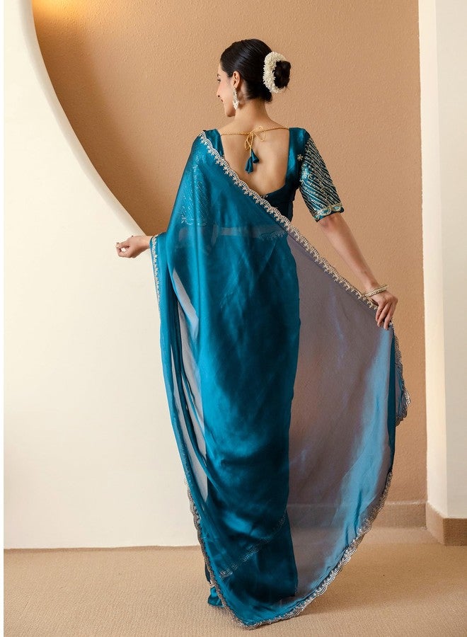 SIRIL Women's Silk Embroidery Saree with Unstitched Blouse Piece (4540S803_Rama Blue) - Image 2