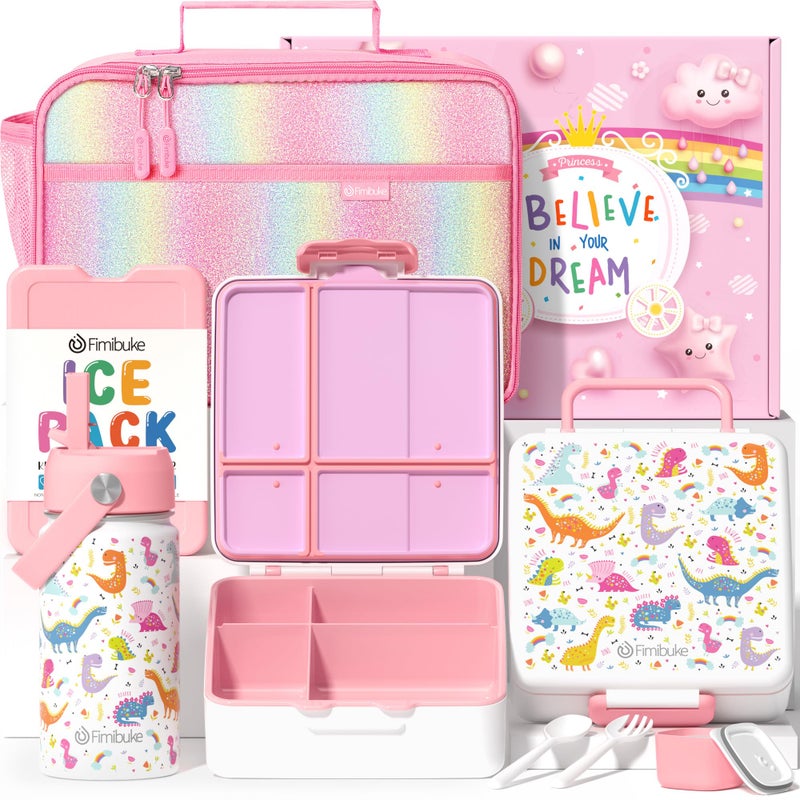 Fimibuke Kids Bento Lunch Box with 4 Compartments Insulated lunch Bag Stainless Steel Insulated Water Bottle Ice Pack Utensils Set Birthday Gifts for Ages 312 Back to School Toddler Girls Boys