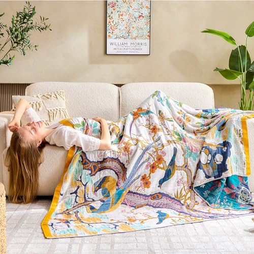 XIBLC Fall Throw Blanket for Couch, Yellow Boho Decorative Throw Blanket, 100% Cotton Muslin Breathable Woven Farmhouse Blankets Quilt, 90"x98" Reversible Lightweight Blankets Bohemian Throw Quilt - Image 4