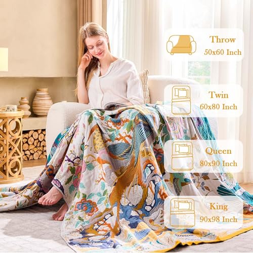 XIBLC Fall Throw Blanket for Couch, Yellow Boho Decorative Throw Blanket, 100% Cotton Muslin Breathable Woven Farmhouse Blankets Quilt, 90"x98" Reversible Lightweight Blankets Bohemian Throw Quilt - Image 3