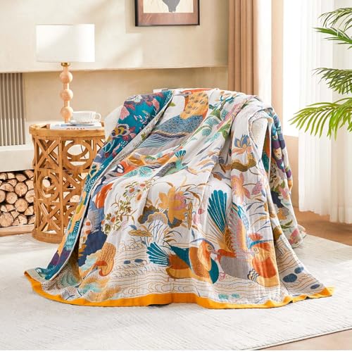XIBLC Fall Throw Blanket for Couch, Yellow Boho Decorative Throw Blanket, 100% Cotton Muslin Breathable Woven Farmhouse Blankets Quilt, 90"x98" Reversible Lightweight Blankets Bohemian Throw Quilt - Image 2