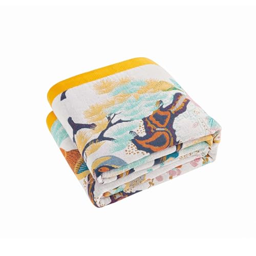XIBLC Fall Throw Blanket for Couch, Yellow Boho Decorative Throw Blanket, 100% Cotton Muslin Breathable Woven Farmhouse Blankets Quilt, 90"x98" Reversible Lightweight Blankets Bohemian Throw Quilt - Image 1