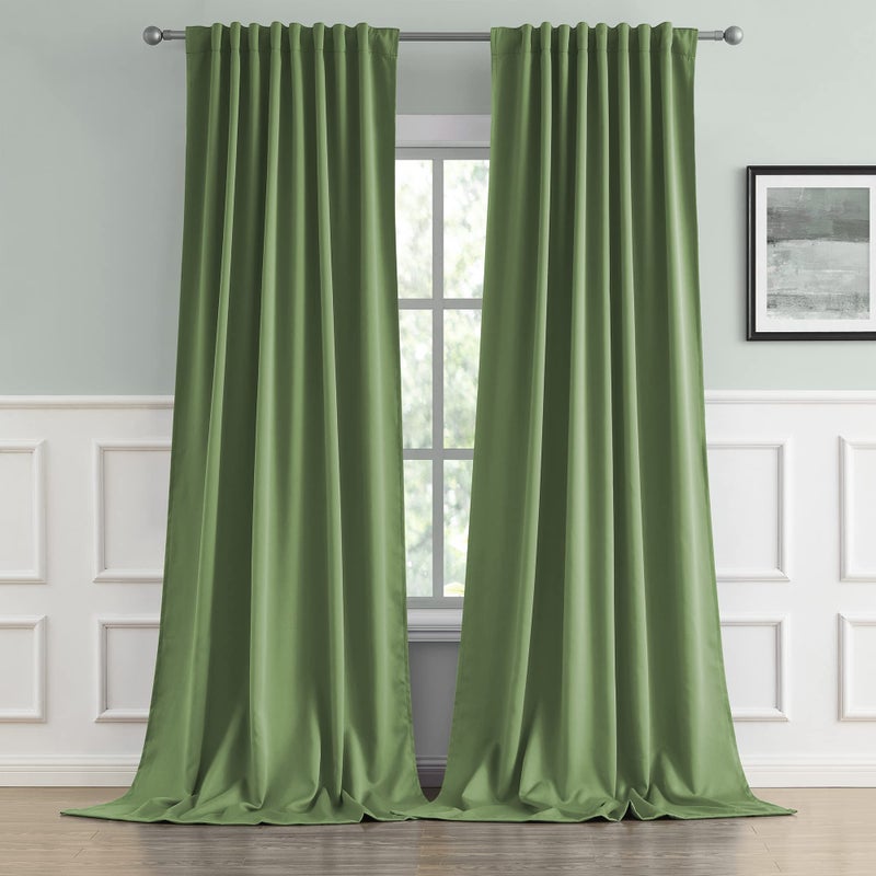 DUALIFE Back Tab Blackout Curtains for High Ceiling Wall Panels 52 by 132 Inch Length Living Room Patio Sliding Door Extra Long Drapes Sage Green 2 Pcs