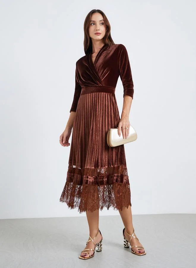Take Two Women Lace Hem Velvet Look Pleated Midi Dress