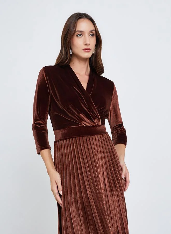 Take Two Women Lace Hem Velvet Look Pleated Midi Dress