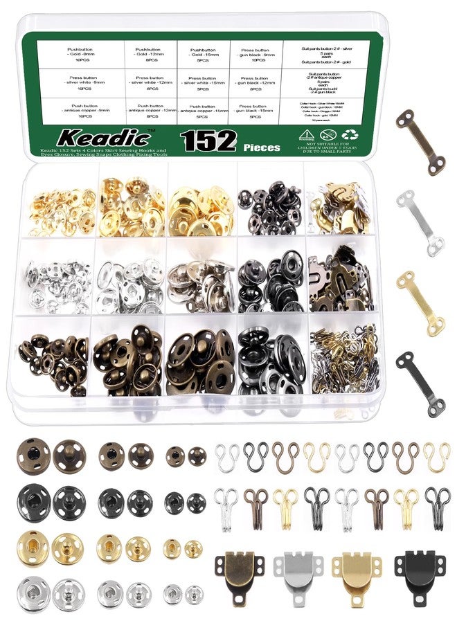 Keadic 152Pairs 3 Style Sewing Hooks and Eyes Closure Assortment Set, 9/10/12mm Metal Snaps Buttons Fasteners Press Studs Clothing Fixing Tools for DIY Clothing Sewing Trousers Skirt Dress Bra - Image 1