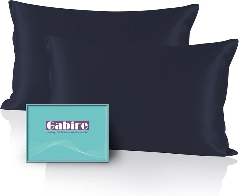 Gabire Mulberry Silk Pillow Cases Set of 2, Both Sides Real Silk Pillow Cover for Hair and Skin Cool Pillowcase Organic Silk Pillowcase 2 Pack with Hidden Zipper, Navy Blue, Queen (20"×30") - Image 1