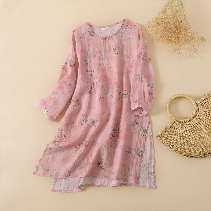 Summer Fashion Cotton And Linen Printed Thin Waist Slimming Look Round Neck Hem Slit Long Shirt Top - Image 4