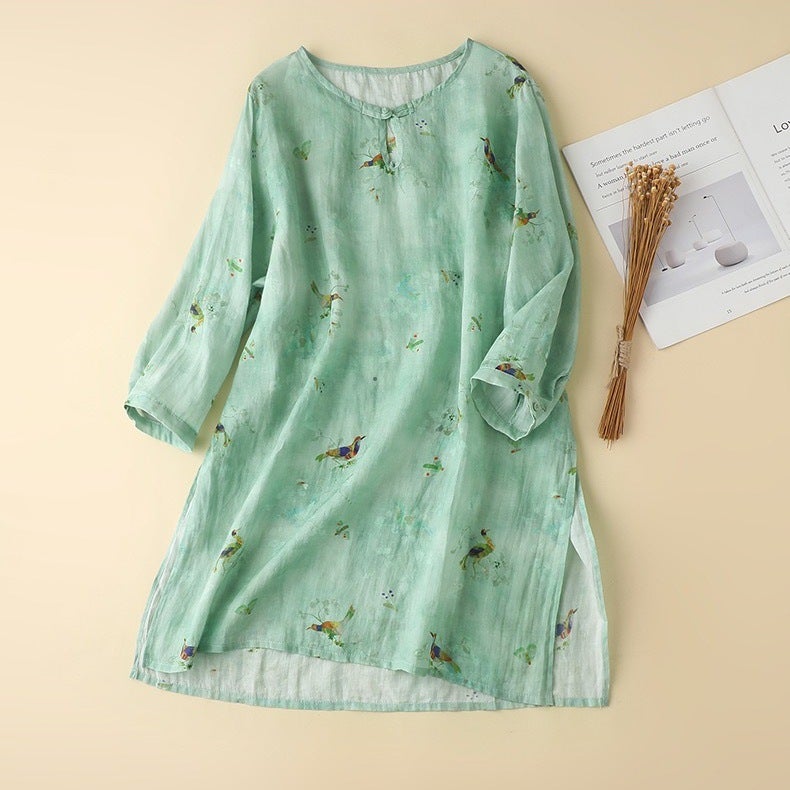 Summer Fashion Cotton And Linen Printed Thin Waist Slimming Look Round Neck Hem Slit Long Shirt Top - Image 1