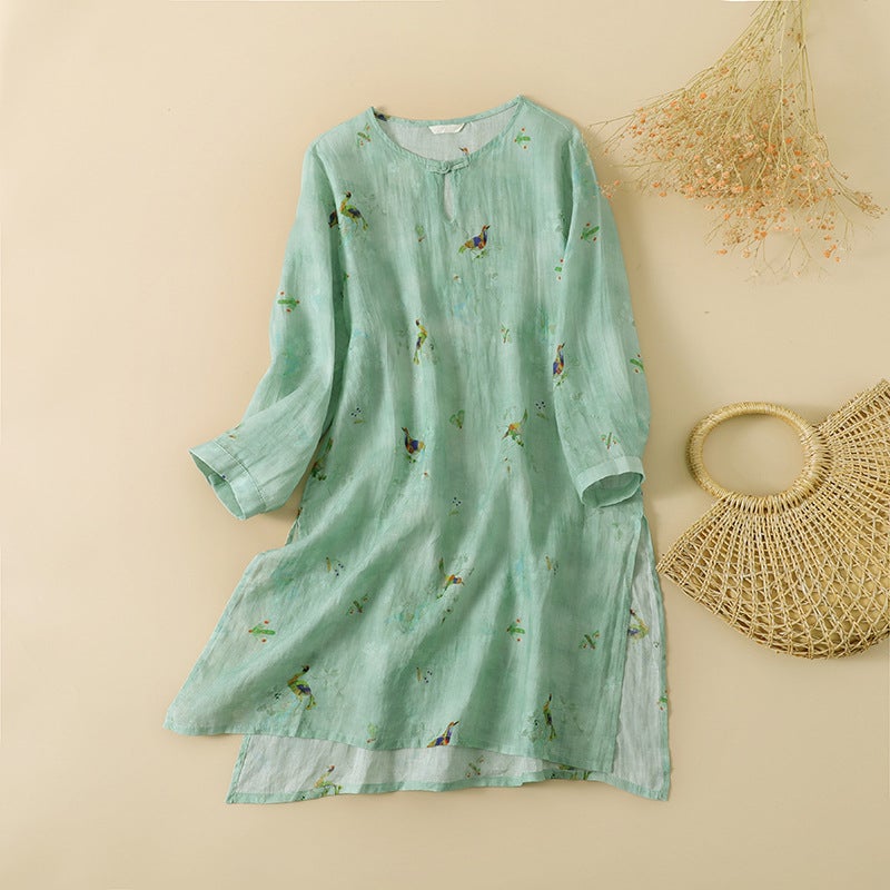 Summer Fashion Cotton And Linen Printed Thin Waist Slimming Look Round Neck Hem Slit Long Shirt Top - Image 5