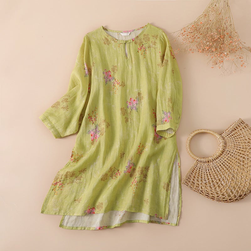 Summer Fashion Cotton And Linen Printed Thin Waist Slimming Look Round Neck Hem Slit Long Shirt Top - Image 3