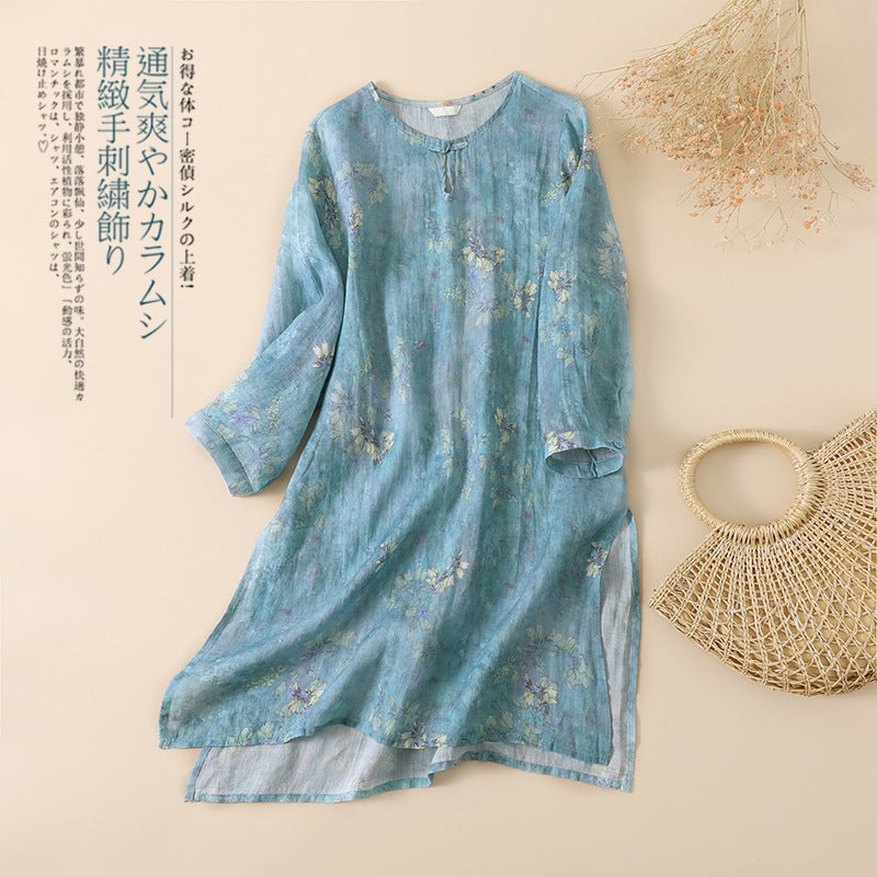 Summer Fashion Cotton And Linen Printed Thin Waist Slimming Look Round Neck Hem Slit Long Shirt Top - Image 2