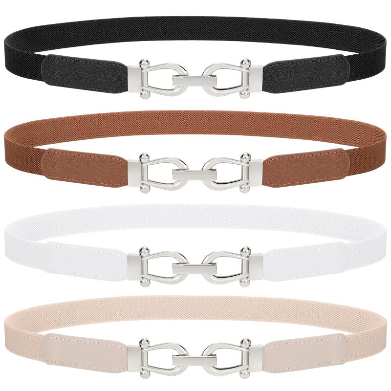 TRIWORKS 4 Pack Skinny Elastic Belts for Women Silver Buckle Thin Stretchy Waist Belts for Dresses - Image 1