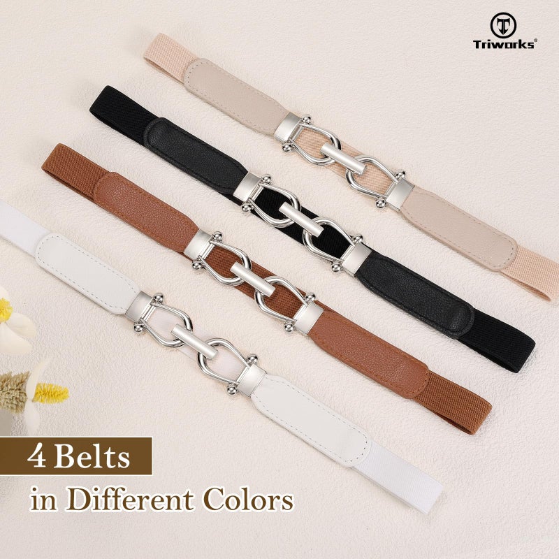 TRIWORKS 4 Pack Skinny Elastic Belts for Women Silver Buckle Thin Stretchy Waist Belts for Dresses - Image 4