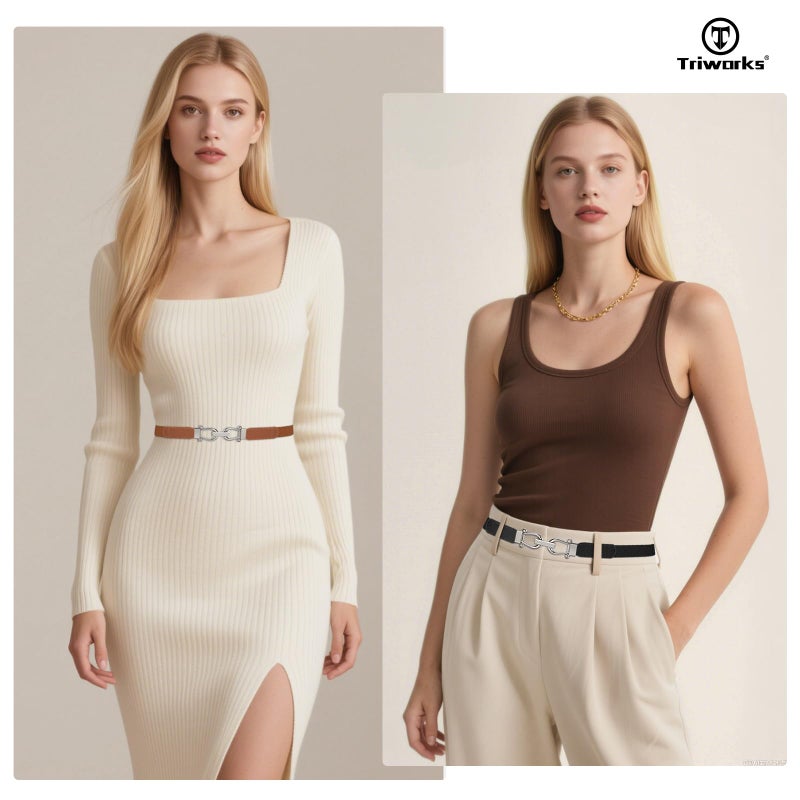 TRIWORKS 4 Pack Skinny Elastic Belts for Women Silver Buckle Thin Stretchy Waist Belts for Dresses - Image 3