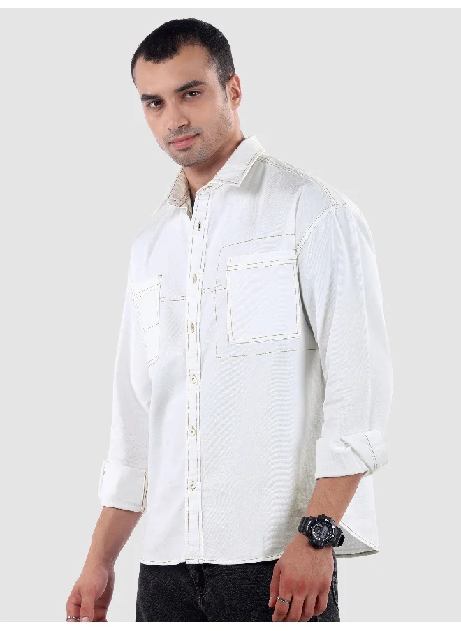 Beyoung White Dual Pocket Contrast Stitch Shirt